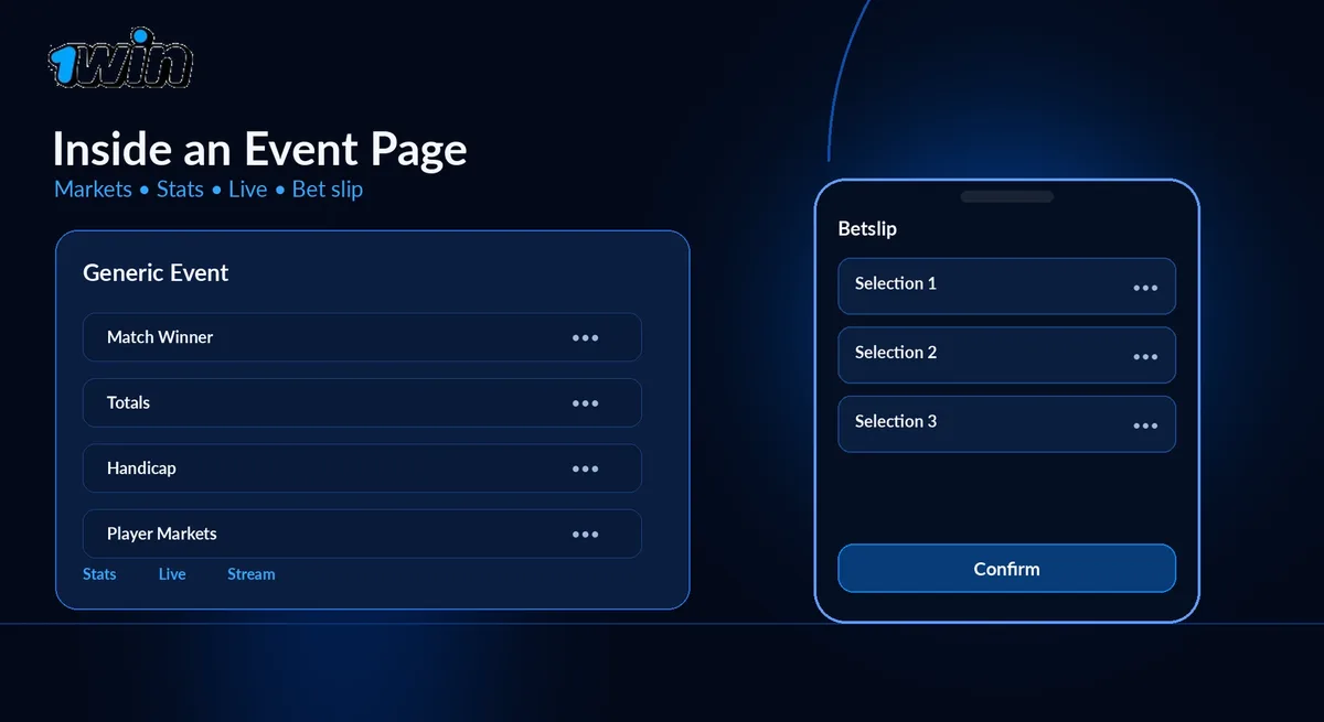 1win Malaysia event page markets and bet slip