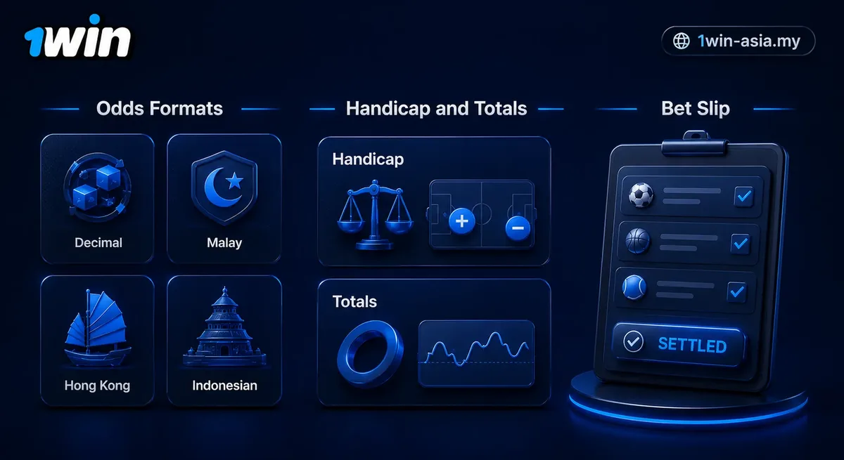 1win Malaysia handicap, totals, odds formats and bet slip guide