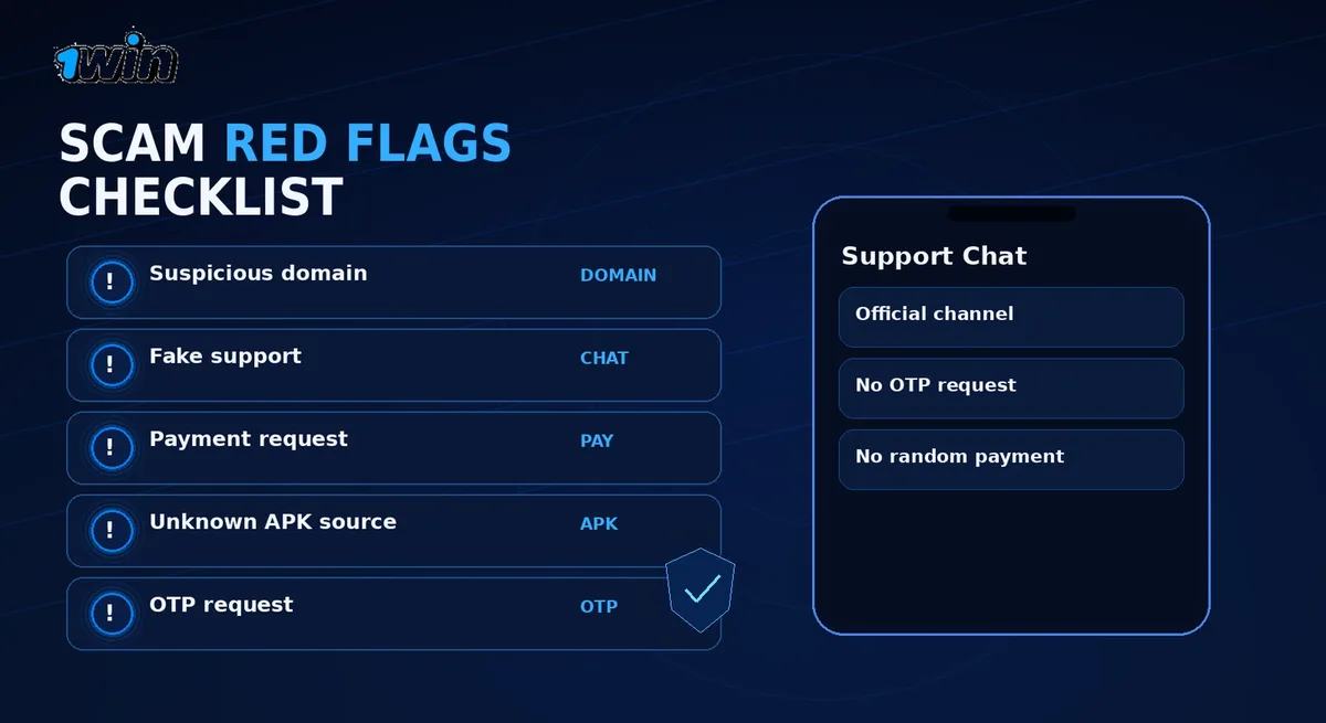 1win Malaysia fake support accounts and scam red flags checklist